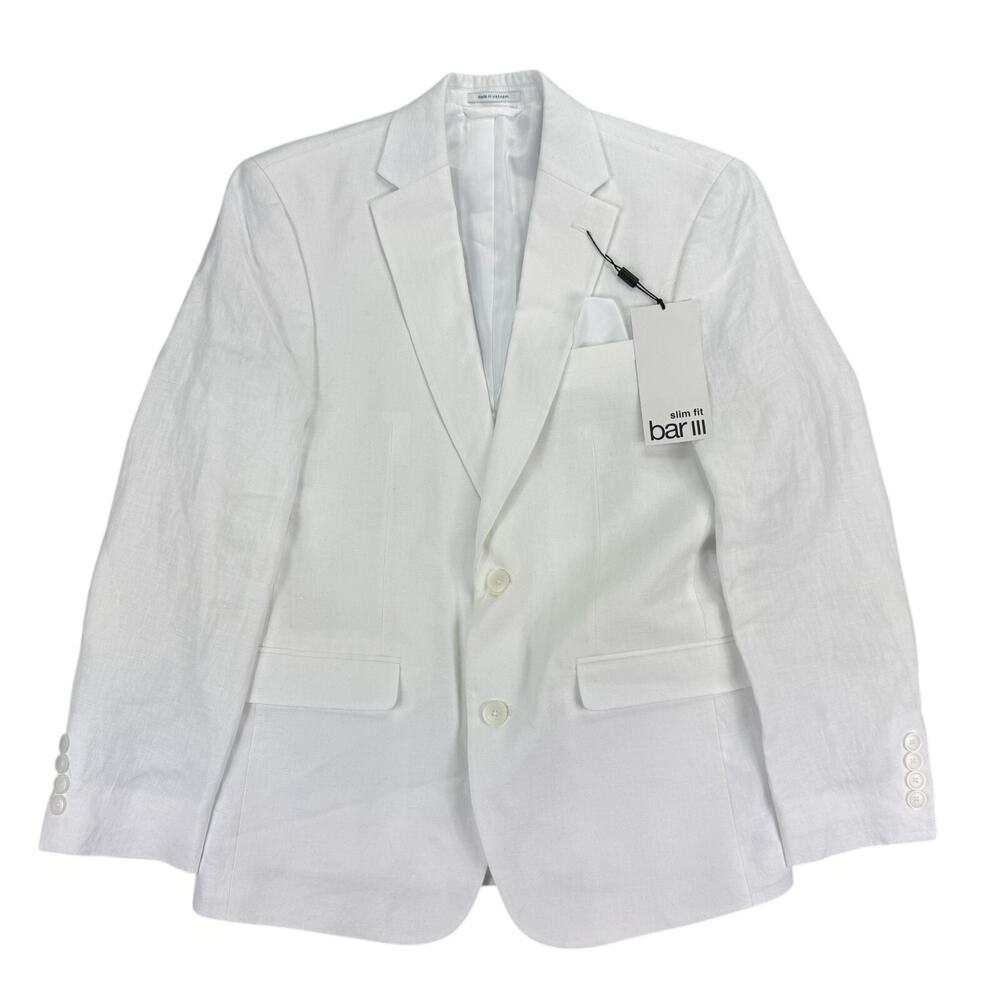 Bar III Mens Slim Fit 100% Linen Solid Suit Jacket White 36S
